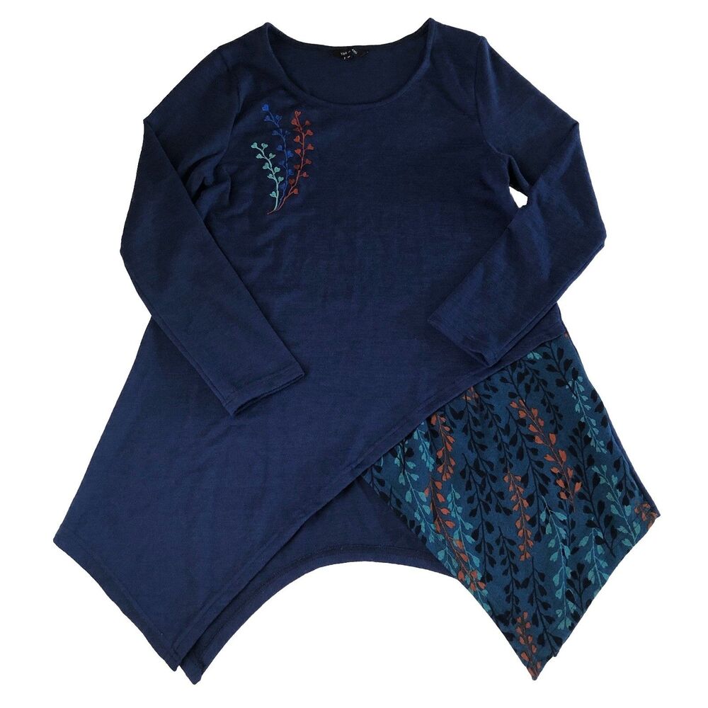 Yak n Yeti Asymmetrical Hem Tunic Embroidered Boho Top Lagenlook Knit Top Med